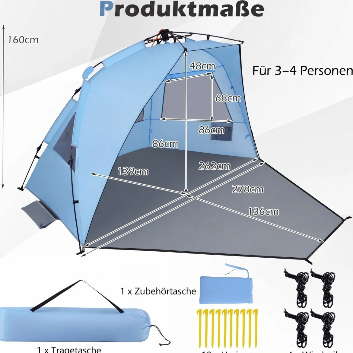 Pop Up Strandzelt für 3-4 Personen Strandmuschel mit Tragetasche Heringe & 3 Sandtaschen