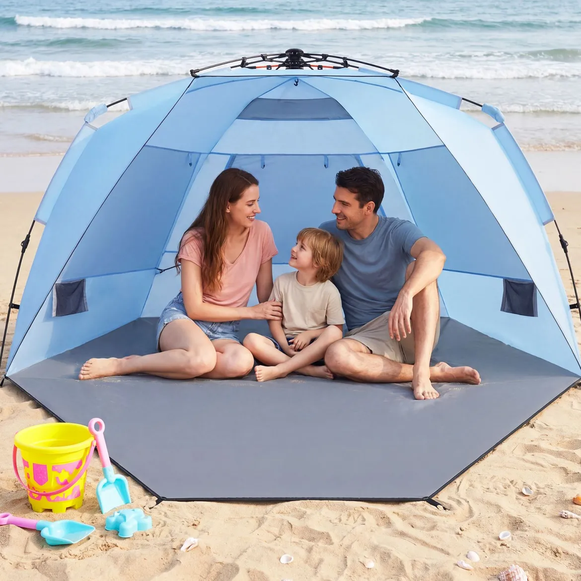 Pop Up Strandzelt für 3-4 Personen Strandmuschel mit Tragetasche Heringe & 3 Sandtaschen