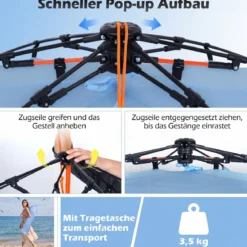Pop Up Strandzelt für 3-4 Personen Strandmuschel mit Tragetasche Heringe & 3 Sandtaschen