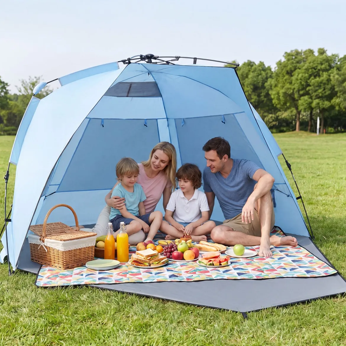 Pop Up Strandzelt für 3-4 Personen Strandmuschel mit Tragetasche Heringe & 3 Sandtaschen