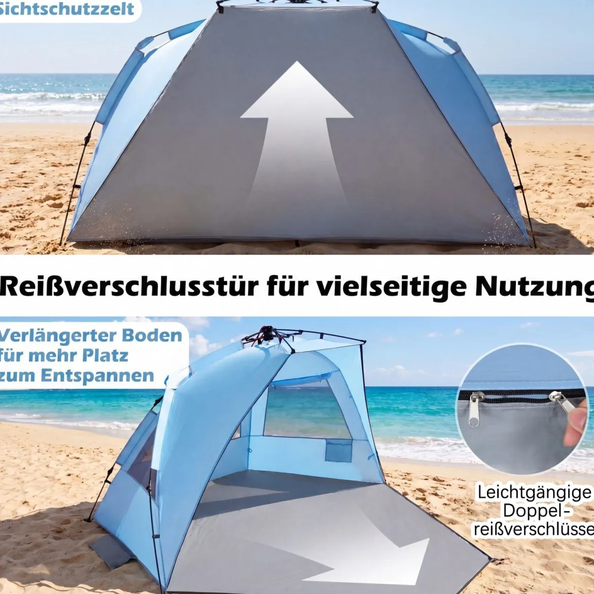 Pop Up Strandzelt für 3-4 Personen Strandmuschel mit Tragetasche Heringe & 3 Sandtaschen