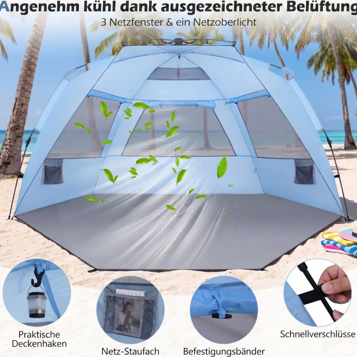 Pop Up Strandzelt für 3-4 Personen Strandmuschel mit Tragetasche Heringe & 3 Sandtaschen