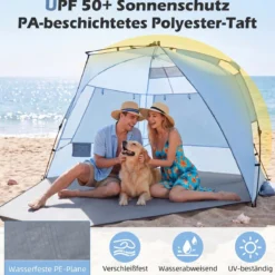Pop Up Strandzelt für 3-4 Personen Strandmuschel mit Tragetasche Heringe & 3 Sandtaschen