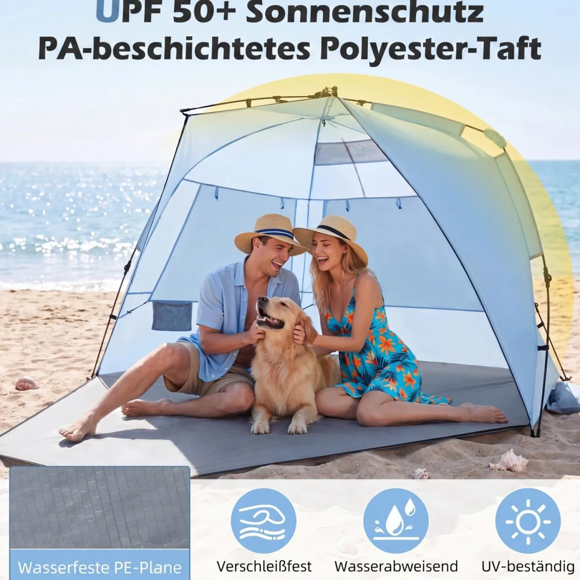 Pop Up Strandzelt für 3-4 Personen Strandmuschel mit Tragetasche Heringe & 3 Sandtaschen