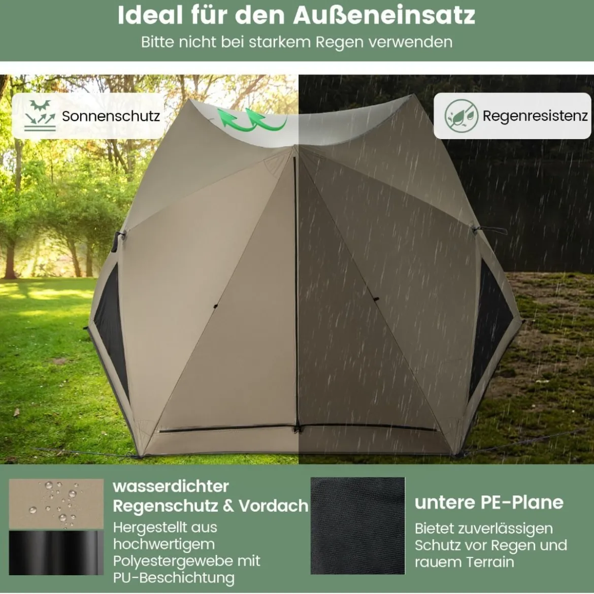 Pop Up Zelt für 4-6 Personen Campingzelt mit Überdachung wasserdicht Familienzelt 285 x 250 x 147 cm Olivgrün