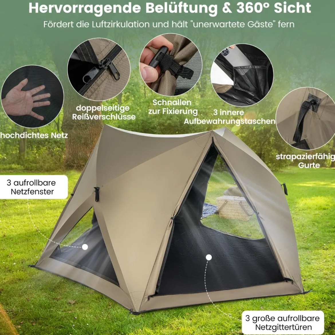 Pop Up Zelt für 4-6 Personen Campingzelt mit Überdachung wasserdicht Familienzelt 285 x 250 x 147 cm Olivgrün