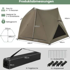 Pop Up Zelt für 4-6 Personen Campingzelt mit Überdachung wasserdicht Familienzelt 285 x 250 x 147 cm Olivgrün