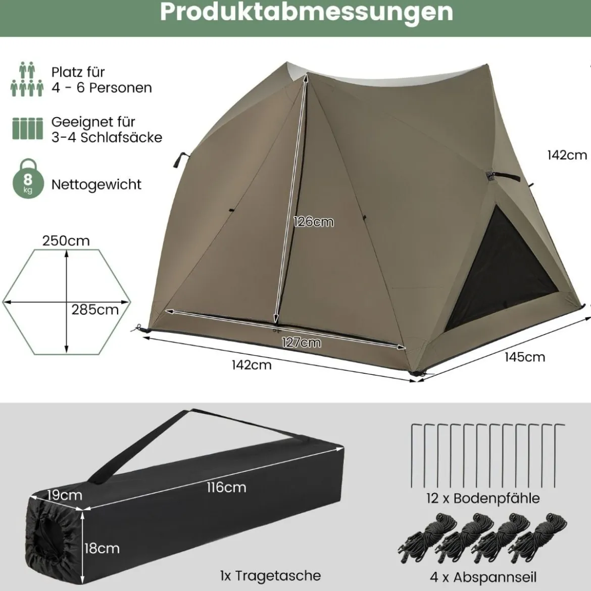 Pop Up Zelt für 4-6 Personen Campingzelt mit Überdachung wasserdicht Familienzelt 285 x 250 x 147 cm Olivgrün
