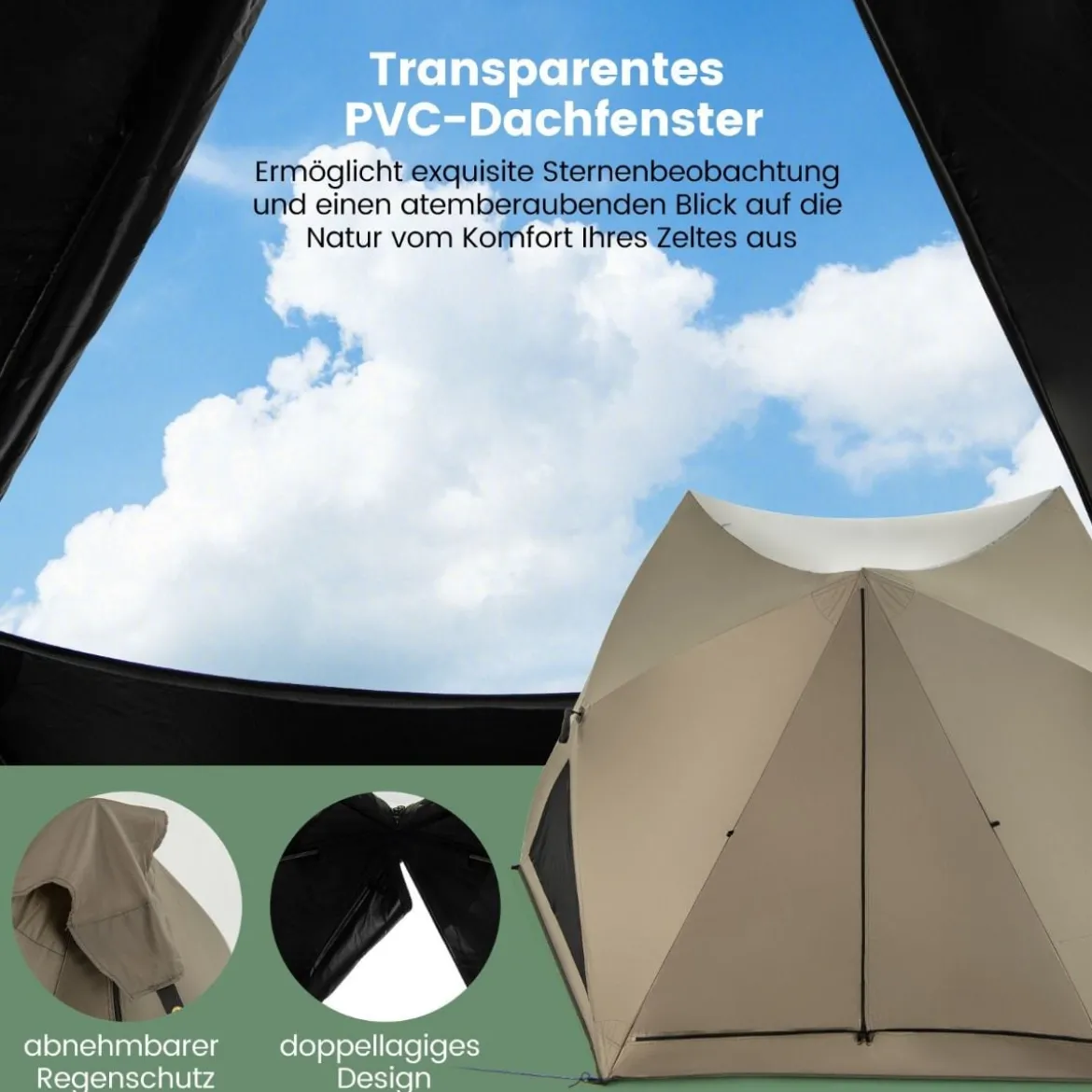 Pop Up Zelt für 4-6 Personen Campingzelt mit Überdachung wasserdicht Familienzelt 285 x 250 x 147 cm Olivgrün