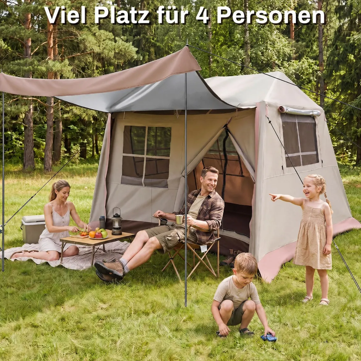 Pop-Up Zelt für 4 Personen Faltbares Campingzelt mit 4 Mesh‑Fenstern und 2 Dachfenstern 275 x 245 x 188 cm