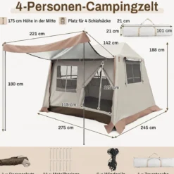 Pop-Up Zelt für 4 Personen Faltbares Campingzelt mit 4 Mesh‑Fenstern und 2 Dachfenstern 275 x 245 x 188 cm