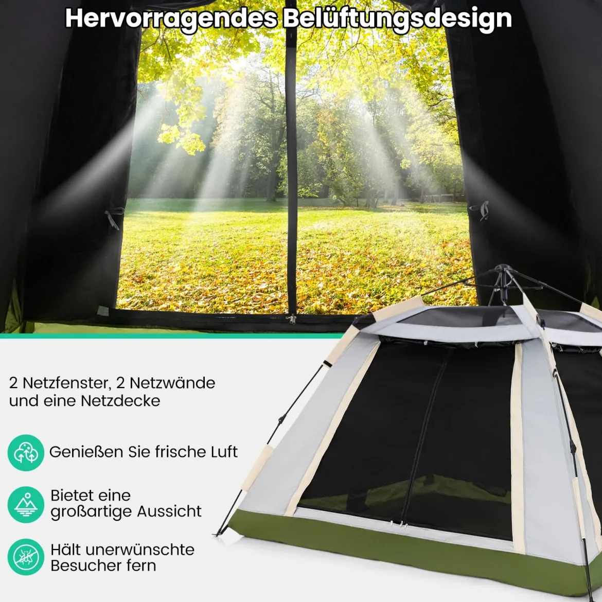 Pop-up Zelt für 2-4 Personen mit Abnehmbarem Regenverdeck & 2 Moskitofenstern & 2 Reißverschlusstüren