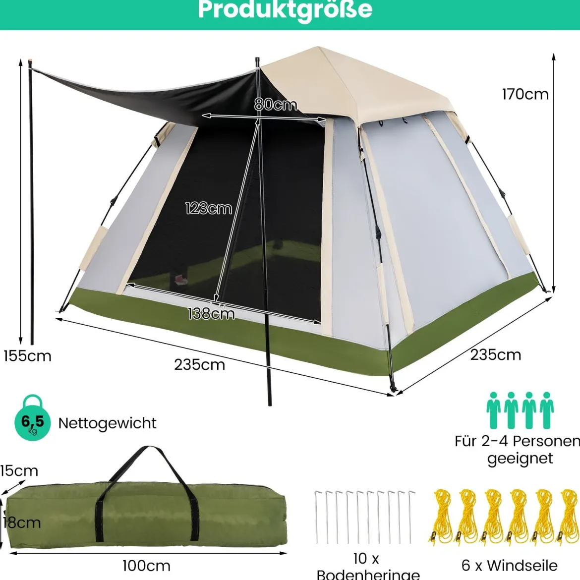 Pop-up Zelt für 2-4 Personen mit Abnehmbarem Regenverdeck & 2 Moskitofenstern & 2 Reißverschlusstüren