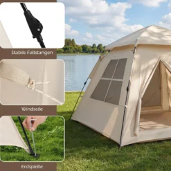 Pop Up Zelt für 4 Personen Wasserfestes Wurfzelt mit 2 Meshtüren & 4 Netzfenster Familienzelt mit Lampenhaken