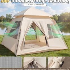 Pop Up Zelt für 4 Personen Wasserfestes Wurfzelt mit 2 Meshtüren & 4 Netzfenster Familienzelt mit Lampenhaken