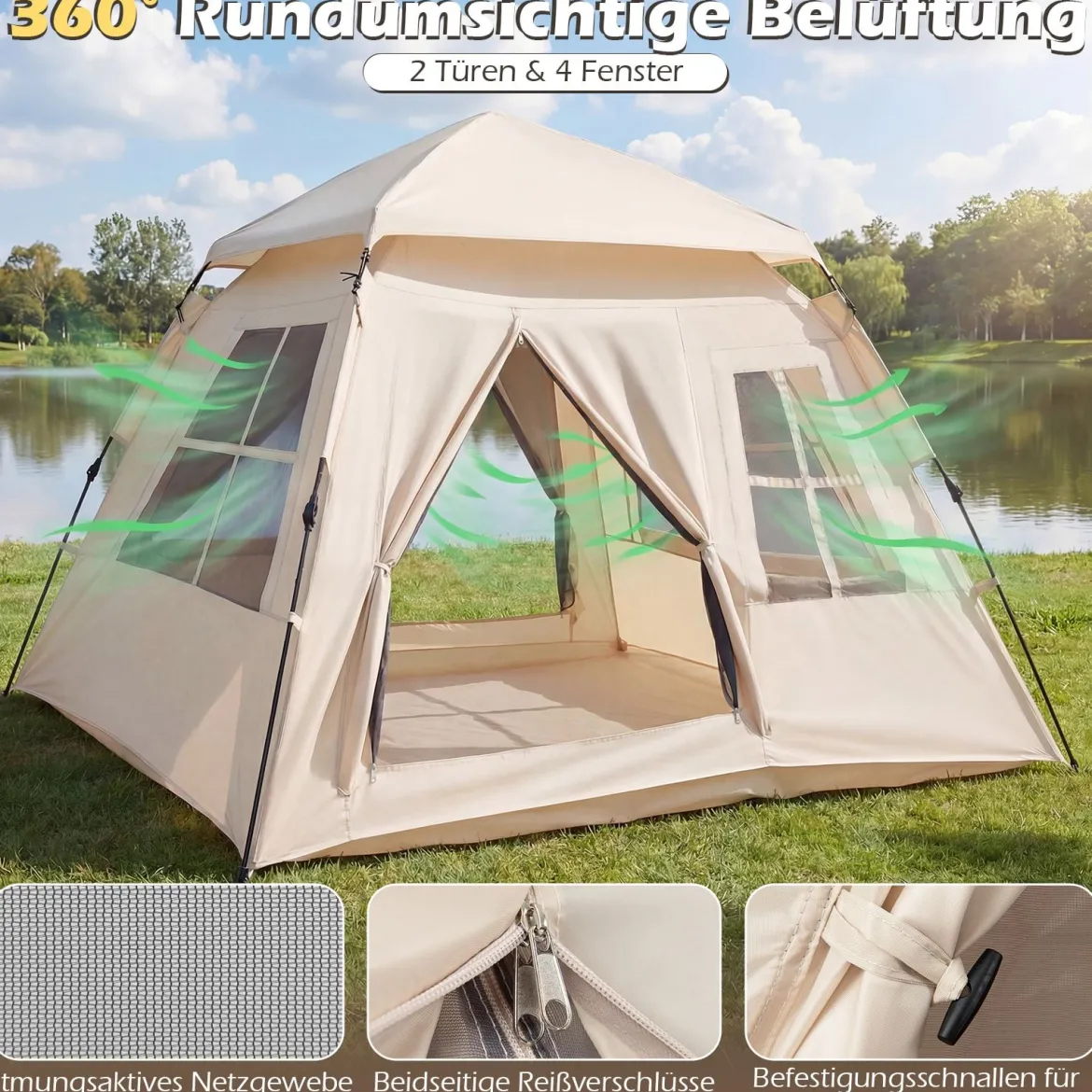 Pop Up Zelt für 4 Personen Wasserfestes Wurfzelt mit 2 Meshtüren & 4 Netzfenster Familienzelt mit Lampenhaken