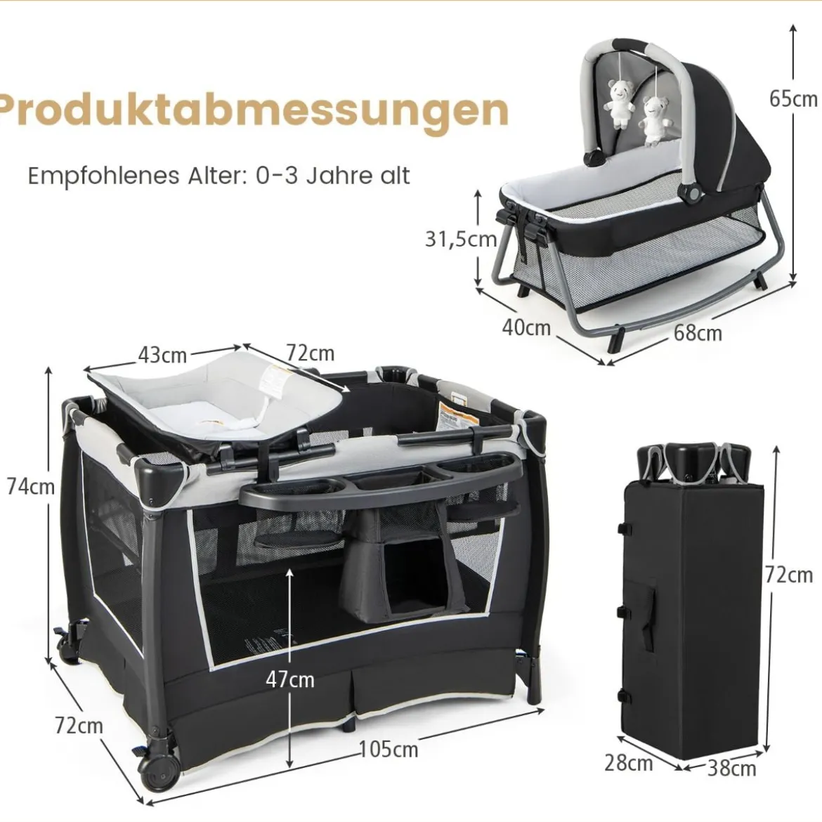 Portables Baby Reiselaufgestell 4-in-1 mit Kinderkörbchen 103 x 72,5 x 73,5 cm Grau
