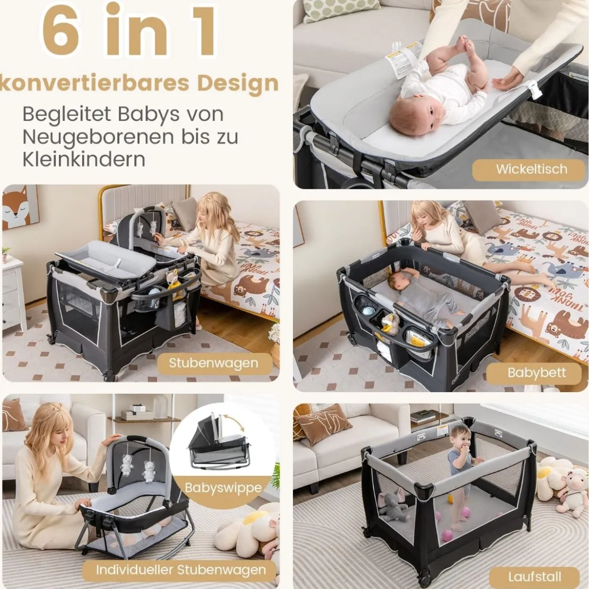Portables Baby Reiselaufgestell 4-in-1 mit Kinderkörbchen 103 x 72,5 x 73,5 cm Grau