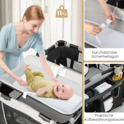 Portables Baby Reiselaufgestell 4-in-1 mit Kinderkörbchen 103 x 72,5 x 73,5 cm Grau