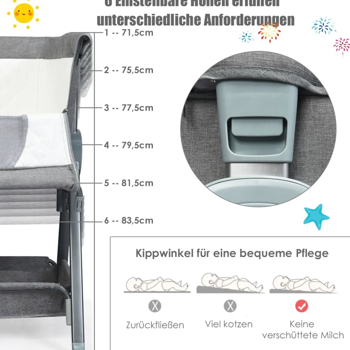 Portables Kinderbett mit Rollen Höhenverstellbares Beistellbett Grau
