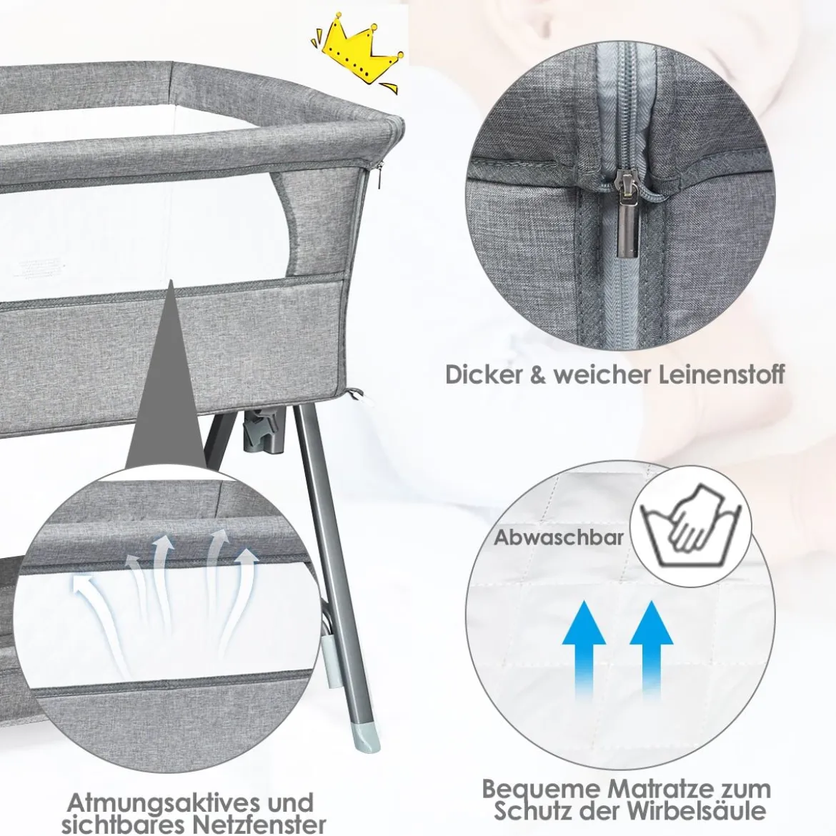 Portables Kinderbett mit Rollen Höhenverstellbares Beistellbett Grau