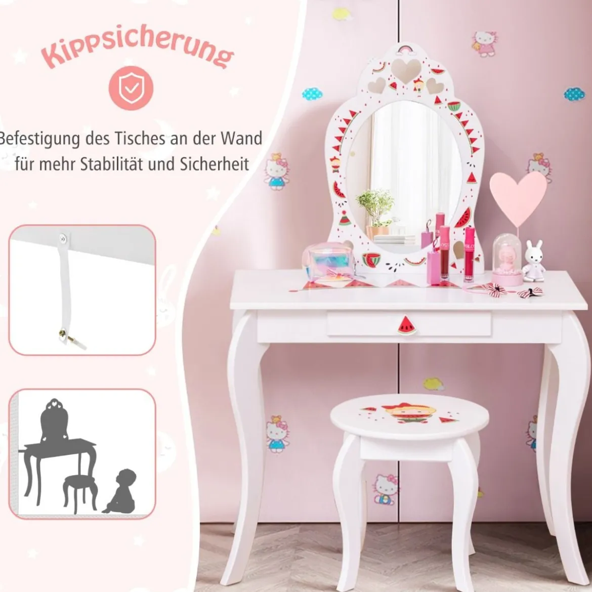 Prinzessin Schminktisch-Set 2-in-1 Kinder Schminktisch mit abnehmbarem Spiegel Weiß