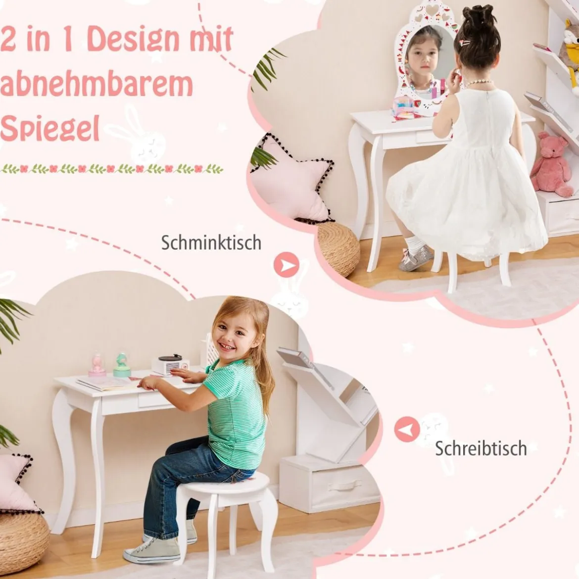 Prinzessin Schminktisch-Set 2-in-1 Kinder Schminktisch mit abnehmbarem Spiegel Weiß