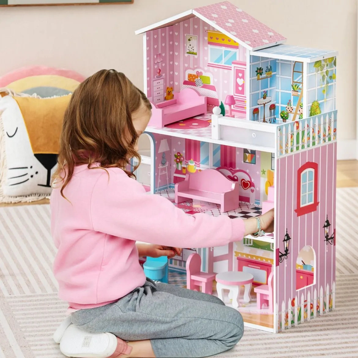 Puppenhaus aus Holz mit 3 Etagen & 10 Möbel & 5 Zimmern Puppenstube Traumhaus Rosa