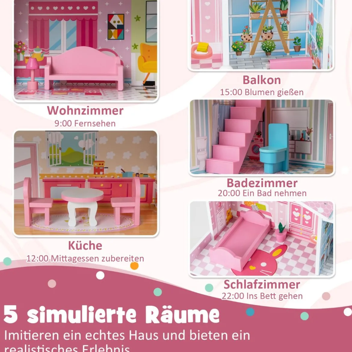 Puppenhaus aus Holz mit 3 Etagen & 10 Möbel & 5 Zimmern Puppenstube Traumhaus Rosa