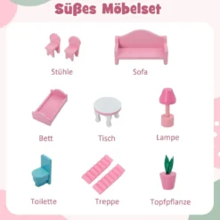 Puppenhaus aus Holz mit 3 Etagen & 10 Möbel & 5 Zimmern Puppenstube Traumhaus Rosa