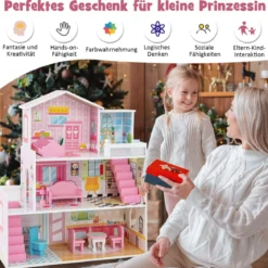 Puppenhaus aus Holz mit 3 Etagen & 10 Möbel & 5 Zimmern Puppenstube Traumhaus Rosa