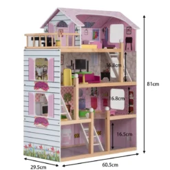 Puppenhaus 4 Etagen Puppenstube Barbie Haus mit Möbeln Holz 60,5 x 29.5 x 81 cm