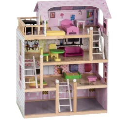 Puppenhaus 4 Etagen Puppenstube Barbie Haus mit Möbeln Holz 60,5 x 29.5 x 81 cm