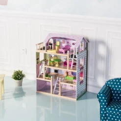 Puppenhaus 4 Etagen Puppenstube Barbie Haus mit Möbeln Holz 60,5 x 29.5 x 81 cm