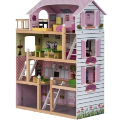 Puppenhaus 4 Etagen Puppenstube Barbie Haus mit Möbeln Holz 60,5 x 29.5 x 81 cm