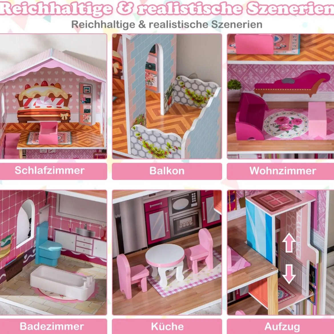 Puppenhaus Holz Puppenstube mit Zubehör & Möbeln 70 x 30 x 108 cm Rosa