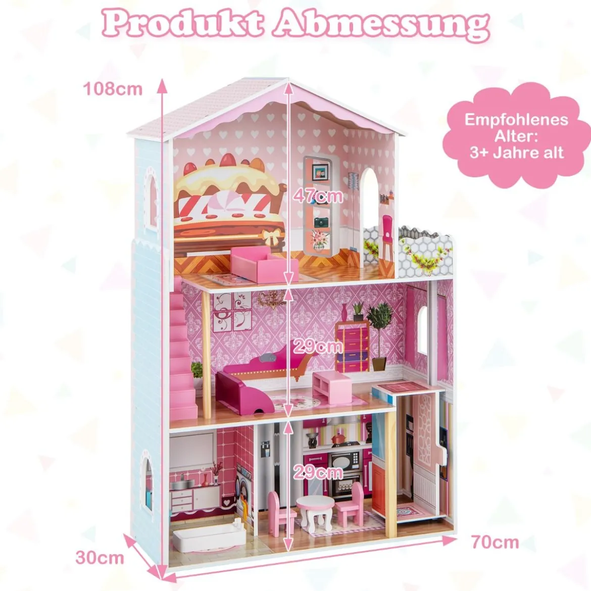 Puppenhaus Holz Puppenstube mit Zubehör & Möbeln 70 x 30 x 108 cm Rosa