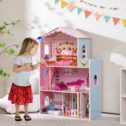 Puppenhaus Holz Puppenstube mit Zubehör & Möbeln 70 x 30 x 108 cm Rosa