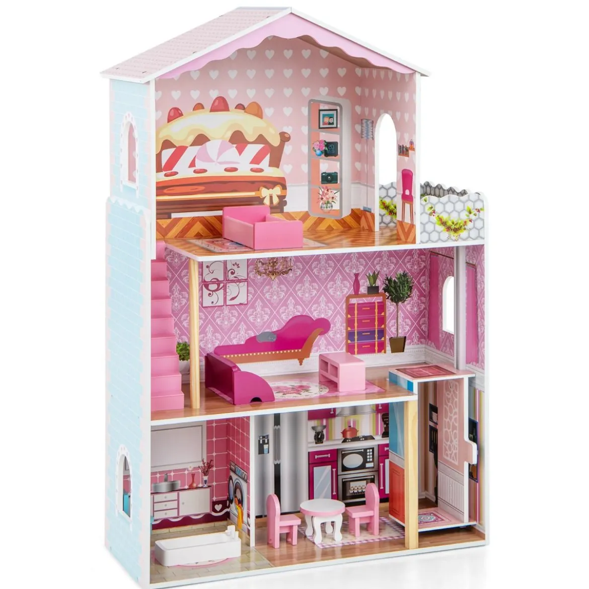 Puppenhaus Holz Puppenstube mit Zubehör & Möbeln 70 x 30 x 108 cm Rosa