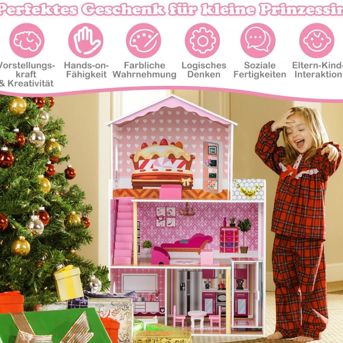 Puppenhaus Holz Puppenstube mit Zubehör & Möbeln 70 x 30 x 108 cm Rosa