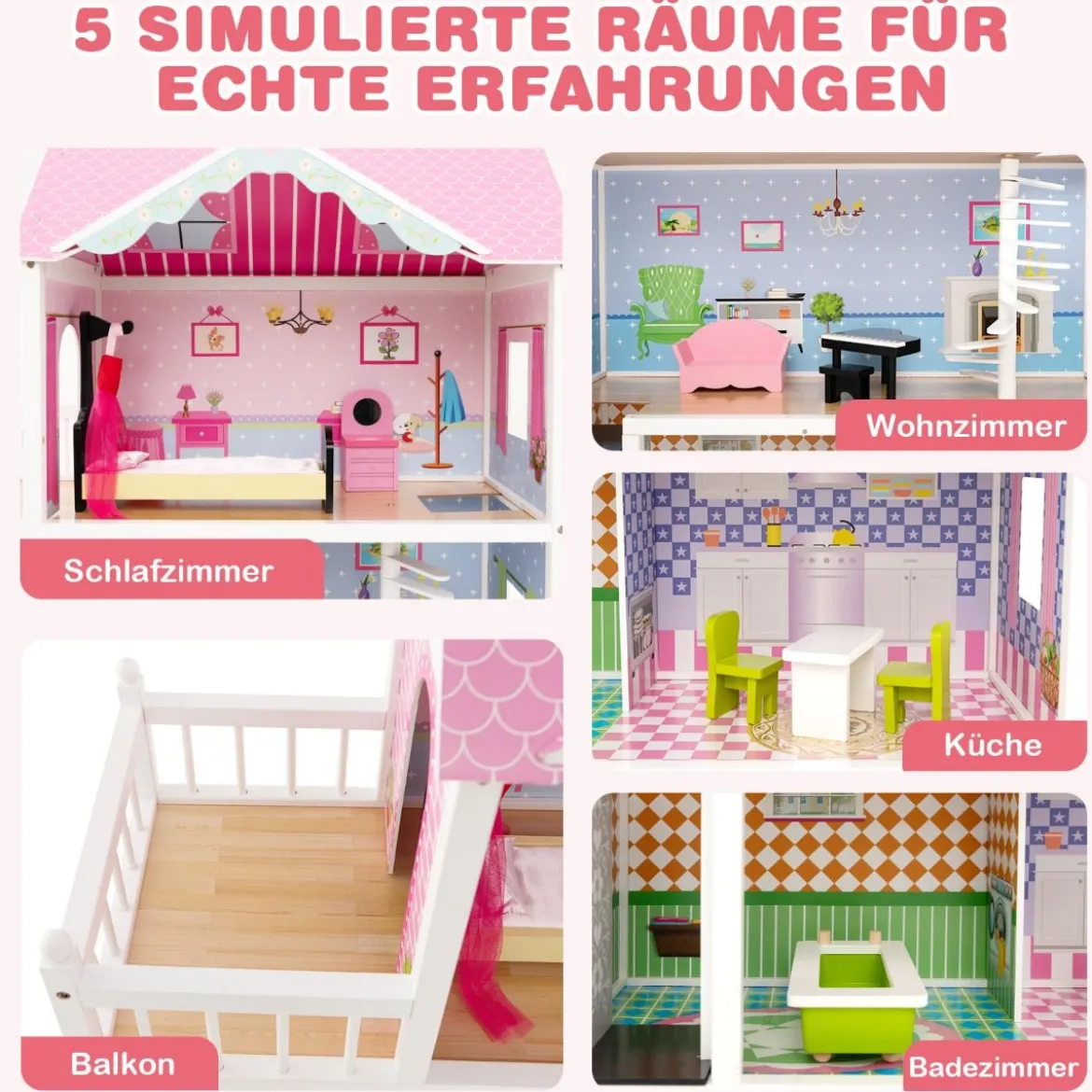 Puppenhaus Holz Puppenstube mit Möbeln & Zubehör 3 stöckiges Dollhouse Spielzeug 80 x 33 x 114 cm