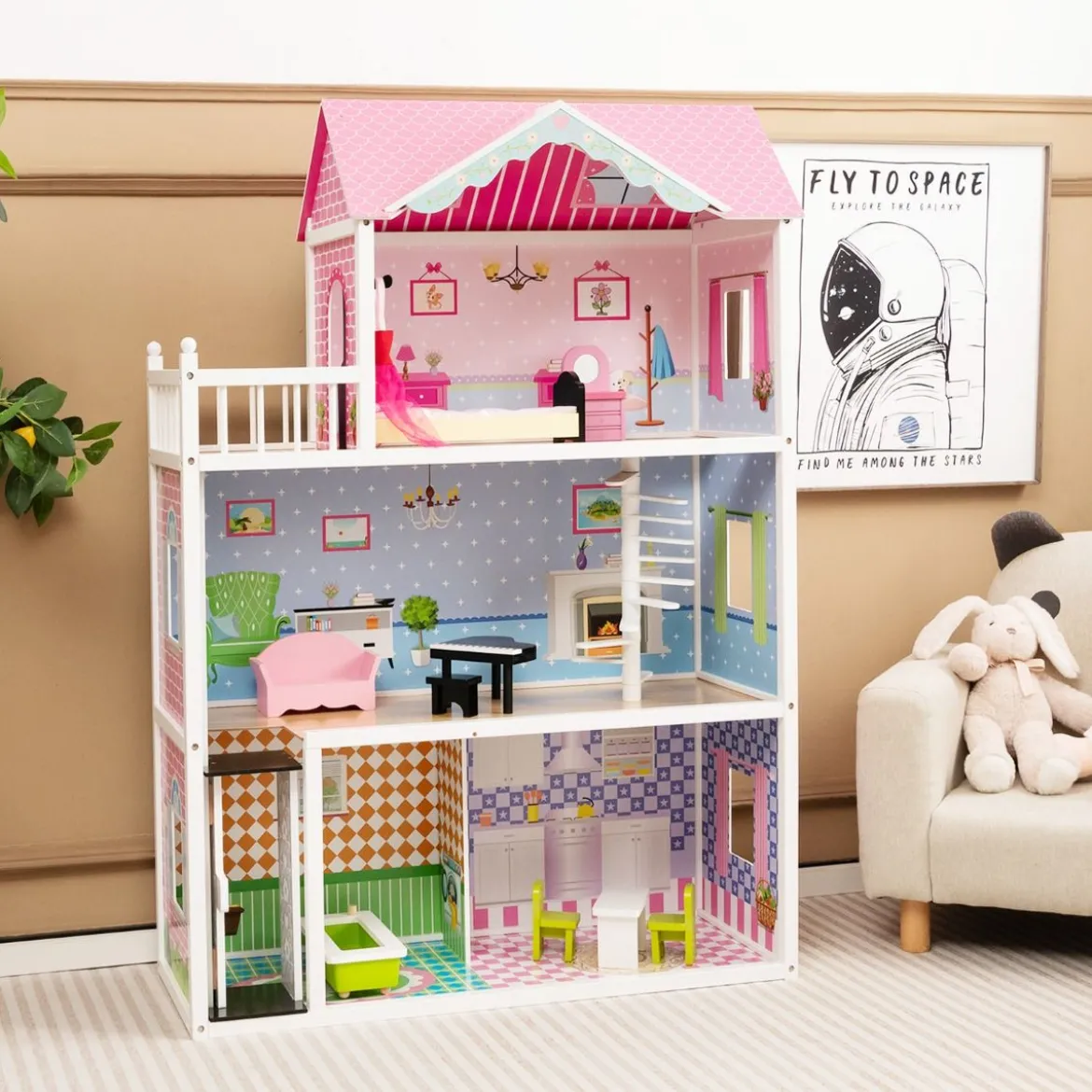 Puppenhaus Holz Puppenstube mit Möbeln & Zubehör 3 stöckiges Dollhouse Spielzeug 80 x 33 x 114 cm