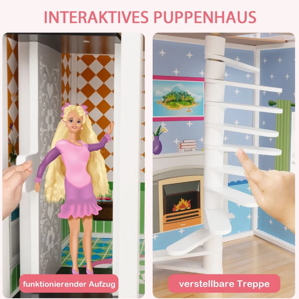 Puppenhaus Holz Puppenstube mit Möbeln & Zubehör 3 stöckiges Dollhouse Spielzeug 80 x 33 x 114 cm
