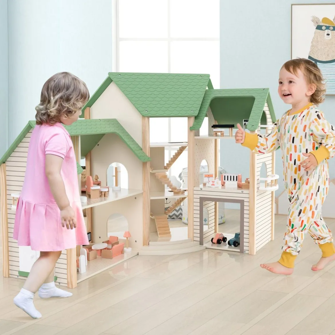 Puppenhaus mit Grünem Dach & 36 Zubehörteilen Spielset „Eckvilla“ aus Holz DIY Traumhaus
