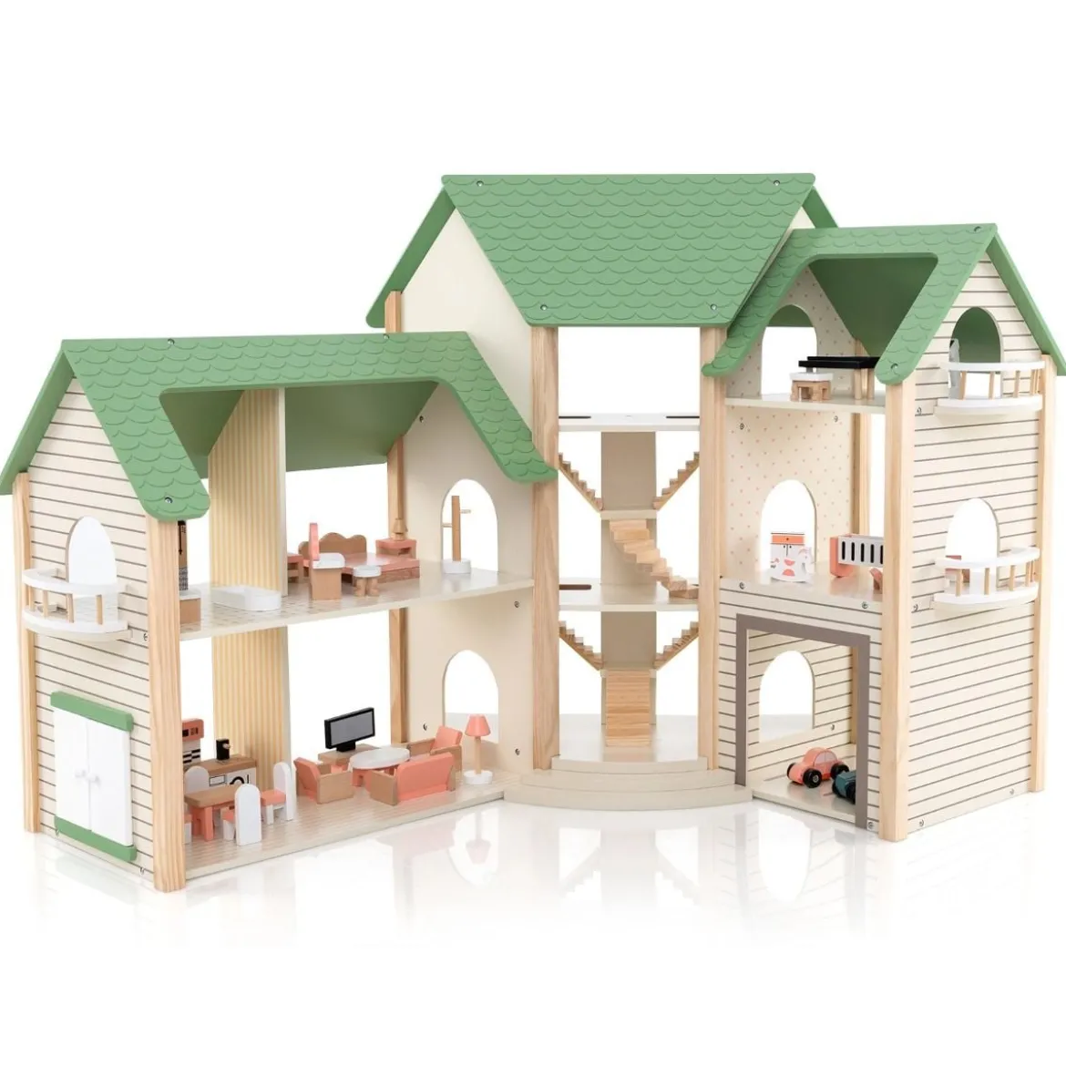 Puppenhaus mit Grünem Dach & 36 Zubehörteilen Spielset „Eckvilla“ aus Holz DIY Traumhaus