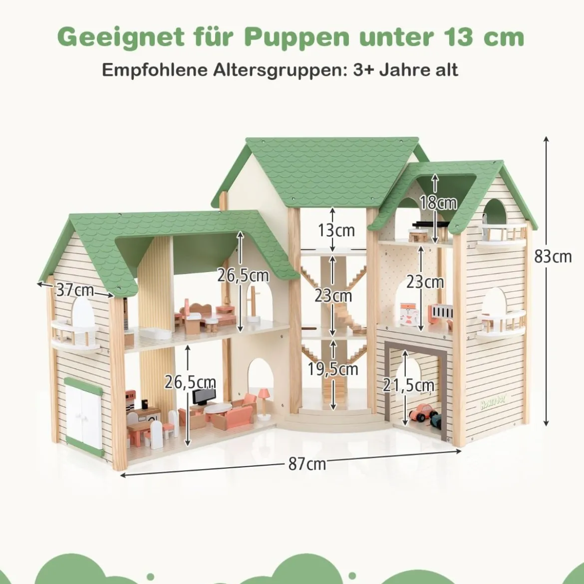 Puppenhaus mit Grünem Dach & 36 Zubehörteilen Spielset „Eckvilla“ aus Holz DIY Traumhaus