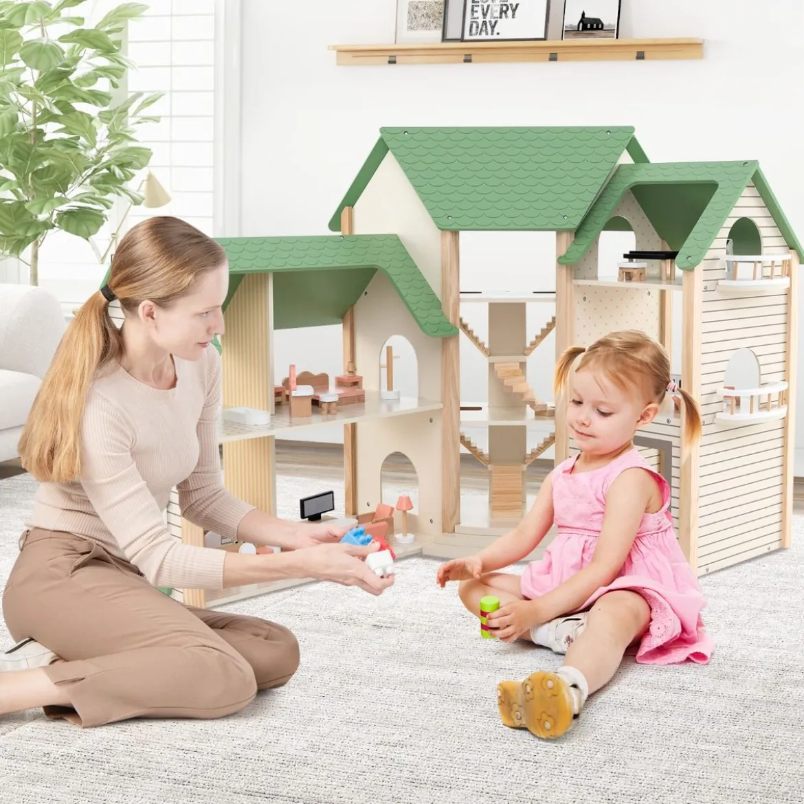 Puppenhaus mit Grünem Dach & 36 Zubehörteilen Spielset „Eckvilla“ aus Holz DIY Traumhaus