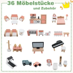 Puppenhaus mit Grünem Dach & 36 Zubehörteilen Spielset „Eckvilla“ aus Holz DIY Traumhaus