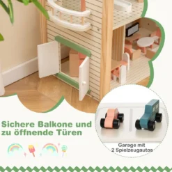 Puppenhaus mit Grünem Dach & 36 Zubehörteilen Spielset „Eckvilla“ aus Holz DIY Traumhaus