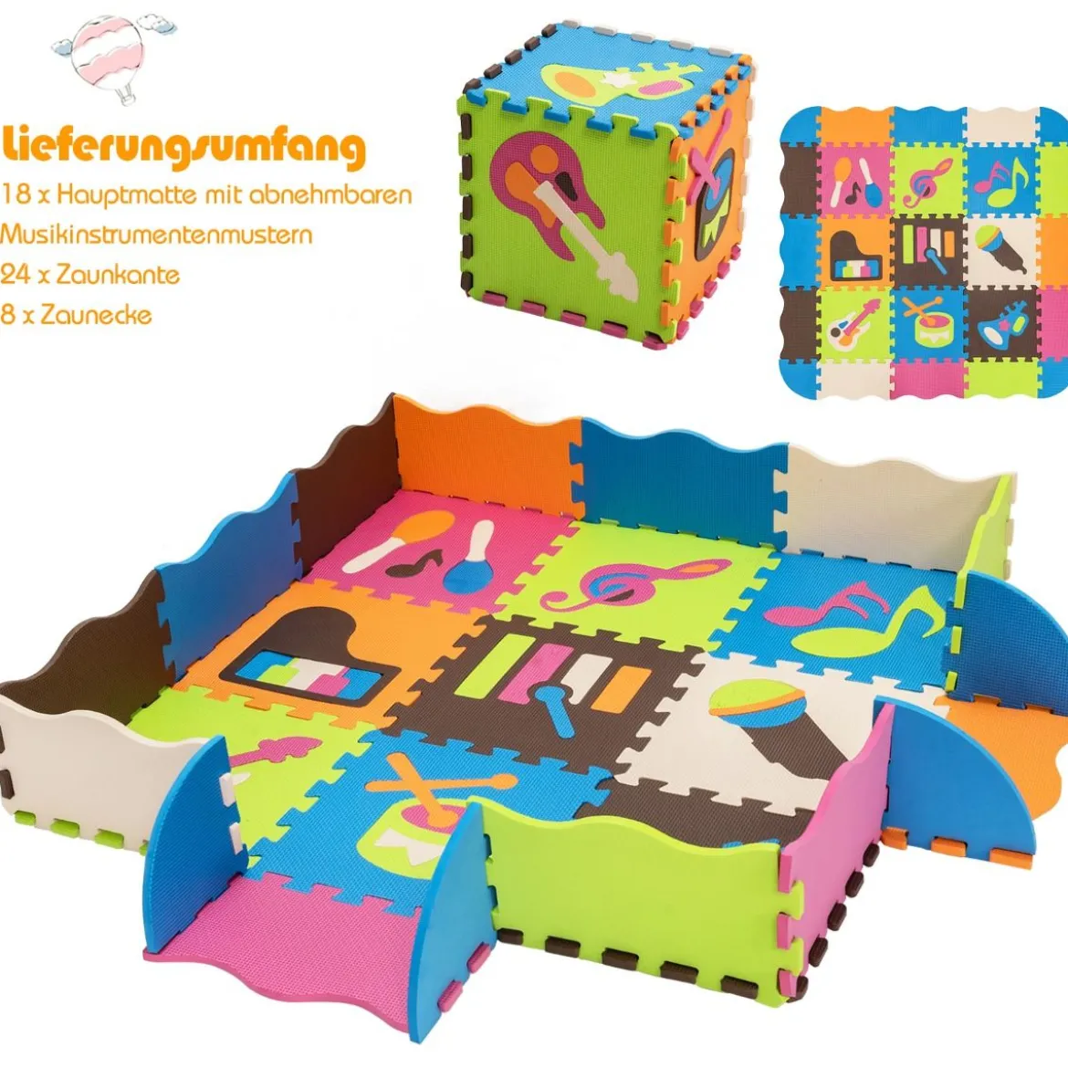 Puzzlematte 50 Stück mit Zaun Bodenspielmatte Kinderteppich für Baby 31,5 x 31,5 x 1 cm Bunt